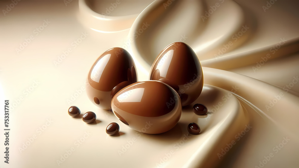 milk chocolate easter eggs and small dark chocolate eggs with satin background