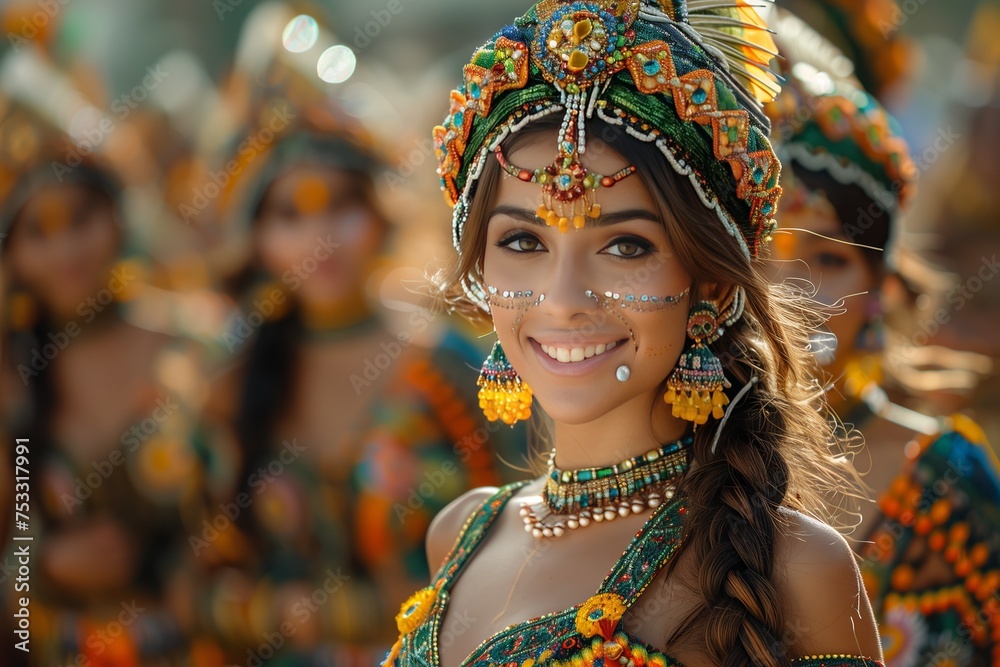 a woman in a colorful costume is smiling at the camera