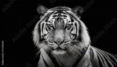 Sumatran Tiger in Black and White isolated on black background. 