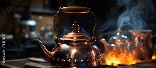 Close up of a metal teapot on a stove