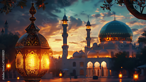 Background of Ramadan, Eid al-Fitr, Eid al-Adha, Muharram, with mosque courtyard and latern lights. © Cimutimut