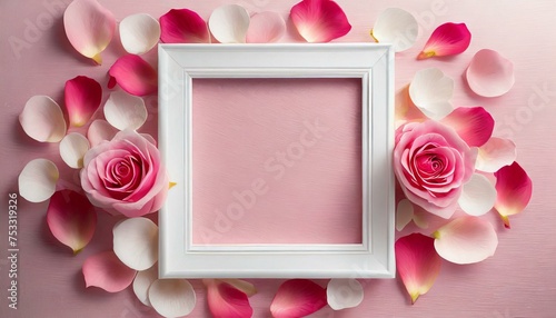 White Frame and Rose petals on pink background. for Valentines Day greeting card.