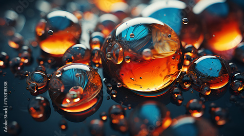 water drops on a glass, Closeup oily bubbles and droplets in colourful watery backdrop, wallpaper