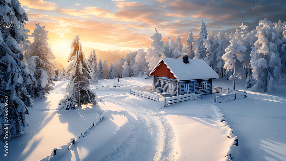 House in the snow, winter, nordic cabin.