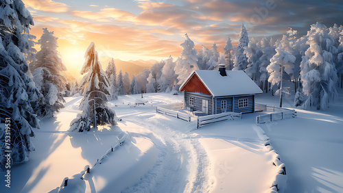 House in the snow, winter, nordic cabin. © Cimutimut