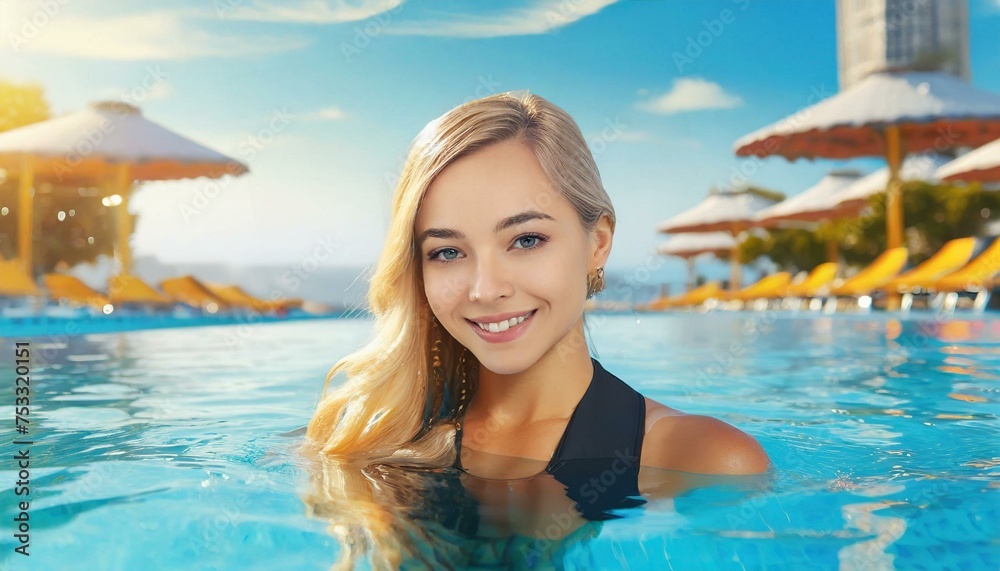 Portrait of happy young blonde woman in waterpark swimming pool. 