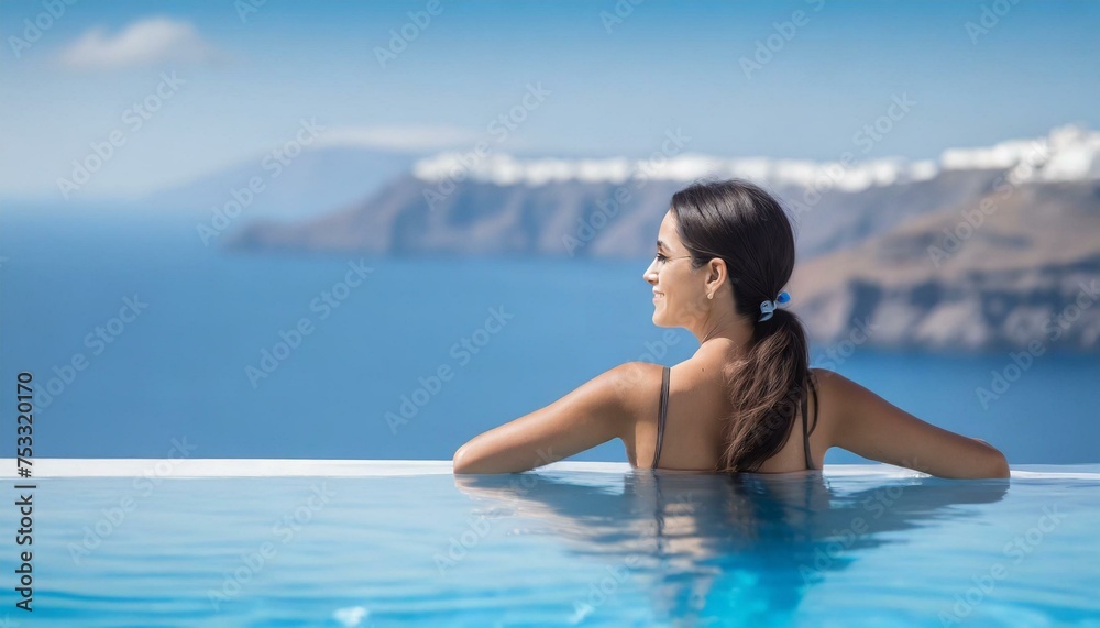 Beautiful women on vacation at Santorini relaxing in swimming pool looking out over ocean Beautiful women on vacation at Santorini relaxing in swimming pool looking out over ocean