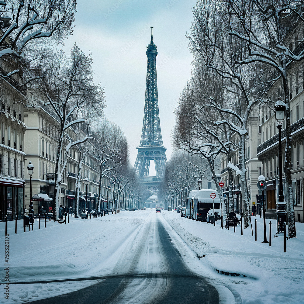 Majestic Eiffel Tower Blanketing Snowy Paris Streets. Generative AI