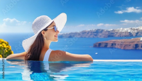 Carefree woman relaxation in swimming pool summer. Holiday concept