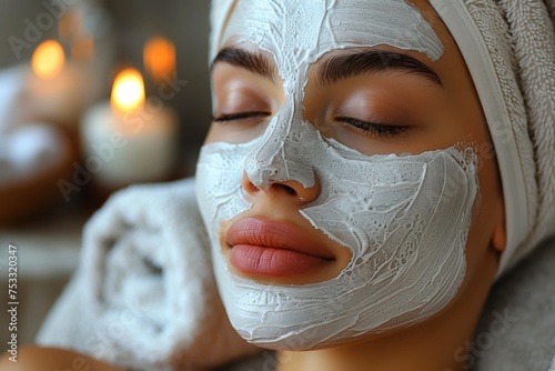 Woman wears white face mask at spa for relaxation and rejuvenation