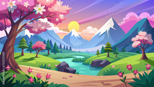 sunrise in the mountains, landscape with lake and mountains vector background 