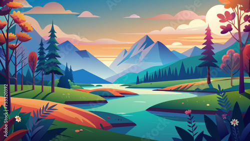 sunrise in the mountains  landscape with lake and mountains vector background 