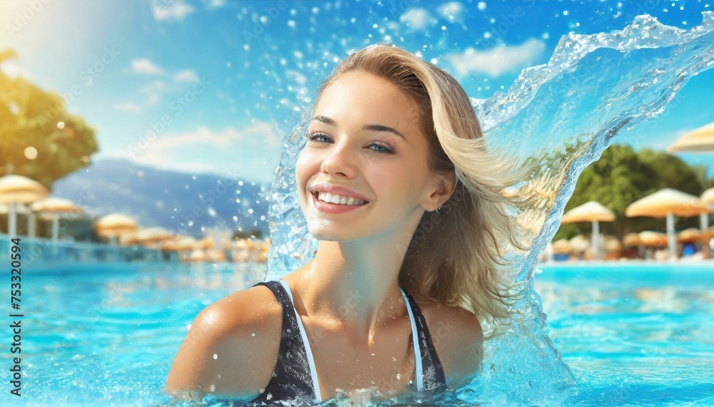 Portrait of happy young blonde woman in waterpark swimming pool.