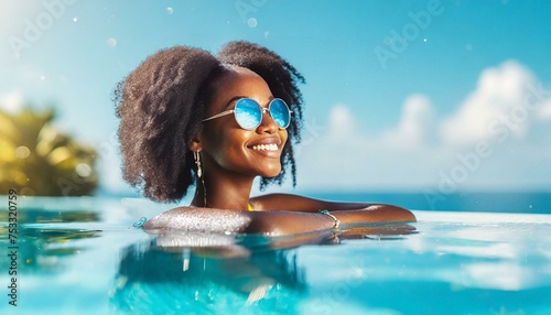 Carefree young black beautiful woman relaxation in swimming pool summer. Holiday concept blue sky