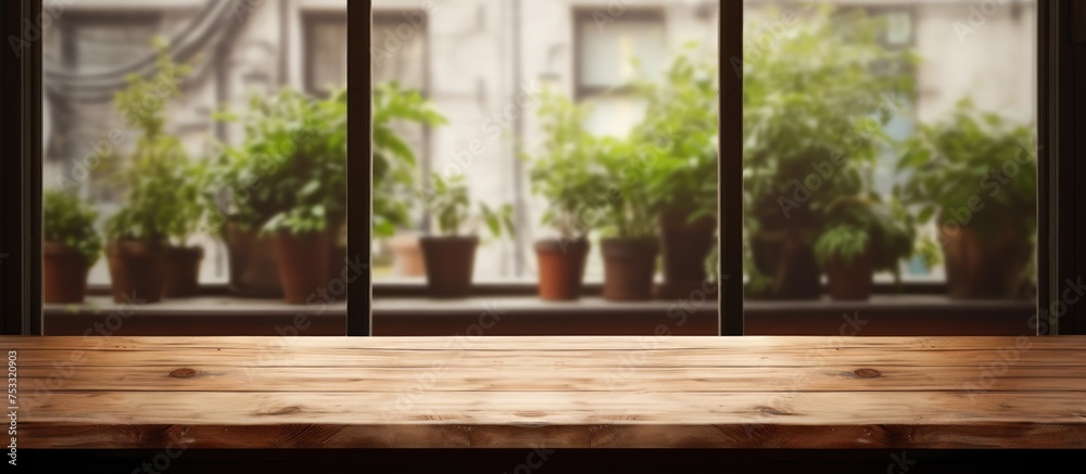 Fototapeta premium Empty wooden table for displaying your product against a softly focused cafe windows backdrop