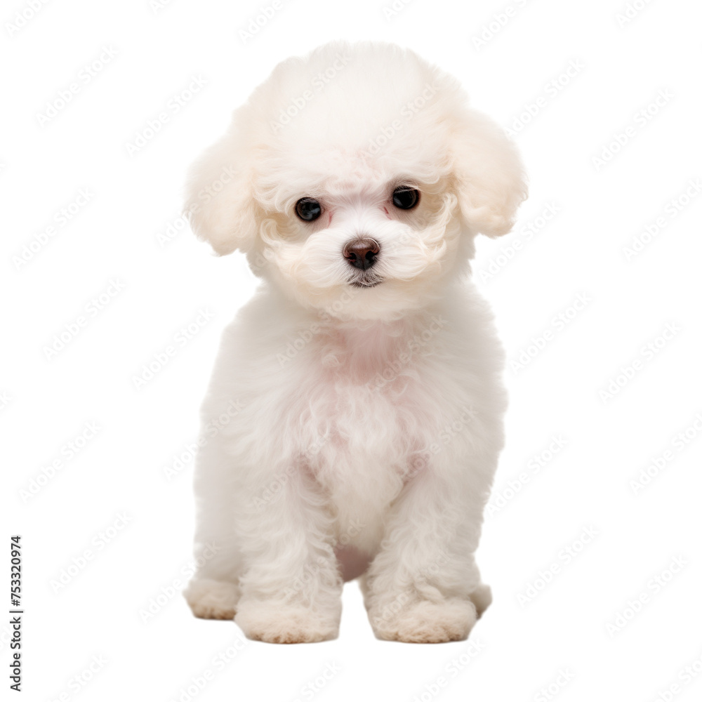 Adorable Realistic illustration of cute baby poodle isolated on transparent background. A small white sitting dog is looking at you 