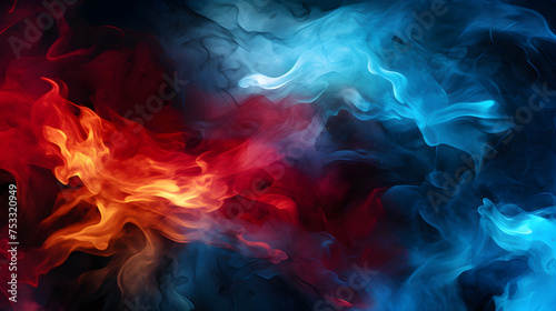 3D glowing burning background wit smoke or colorful clouds. Abstract neon banner wallpaper futuristic. Isolated colorful blue red white smoke on black background, hot and cold contrast 