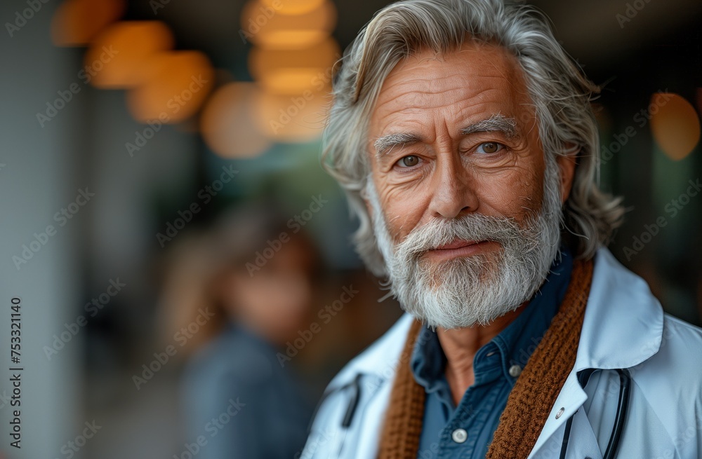 Man with beard and long hair in lab coat, stethoscope around neck, happy smile Man with beard and long hair in lab coat, stethoscope around neck, happy smile