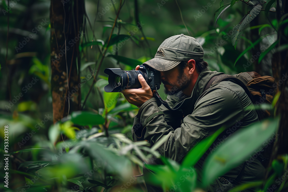 Expert wildlife photographer with camera, capturing the untamed, lush forest green background 