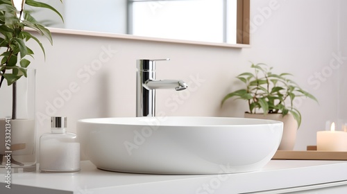 Minimalist bathroom interior in light colors with marble vessel . Sink. House apartment design in a modern style