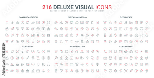 Content creation, marketing services for ecommerce and sales line icons set. Commercial promotion strategy, copyright for ideas, video and storytelling thin black and red symbols vector illustration