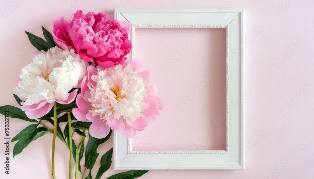 White frame with pink peony flowers on a pink background, top view, copy space, flat lay, mockup White frame with pink peony flowers on a pink background, top view, copy space, flat lay, mockup