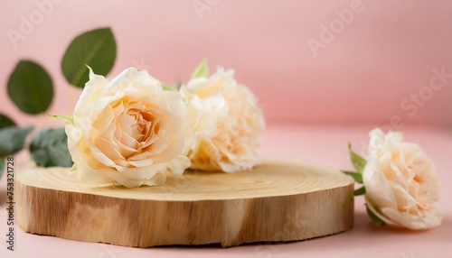 Wood podium beige rose flowers on pink pastel background with space.