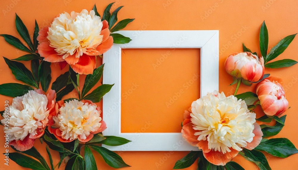 White frame with orange peony flowers on a orange background, top view, copy space, flat lay, mockup. White frame with orange peony flowers on a orange background, top view, copy space, flat lay, mockup.