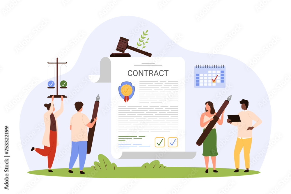 Sign contract or agreement, business deal document approval and license. Tiny people hold pens to write on long paper sheet, work with legal form or official letter cartoon vector illustration