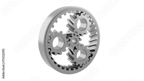 planetary gears machinery rotation 3d representation. Can be used to represent a cog system with bearings, a clockwork mechanism or mechanical motor engineering