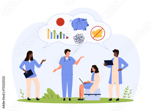 Low wages and income reductions for medical professional workers, hospital staff workforce shortage. Tiny doctors and nurses in uniforms in salary crisis and stress cartoon vector illustration