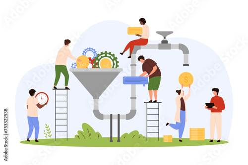 Business ideas optimization, monetization. Tiny people make money from creative ideas, monetize bright light bulbs and gears conversion through pipe machine with funnel cartoon vector illustration