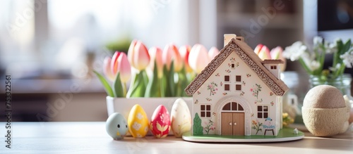 Key to cozy home with Easter decorations on kitchen table Building design project moving to new home property