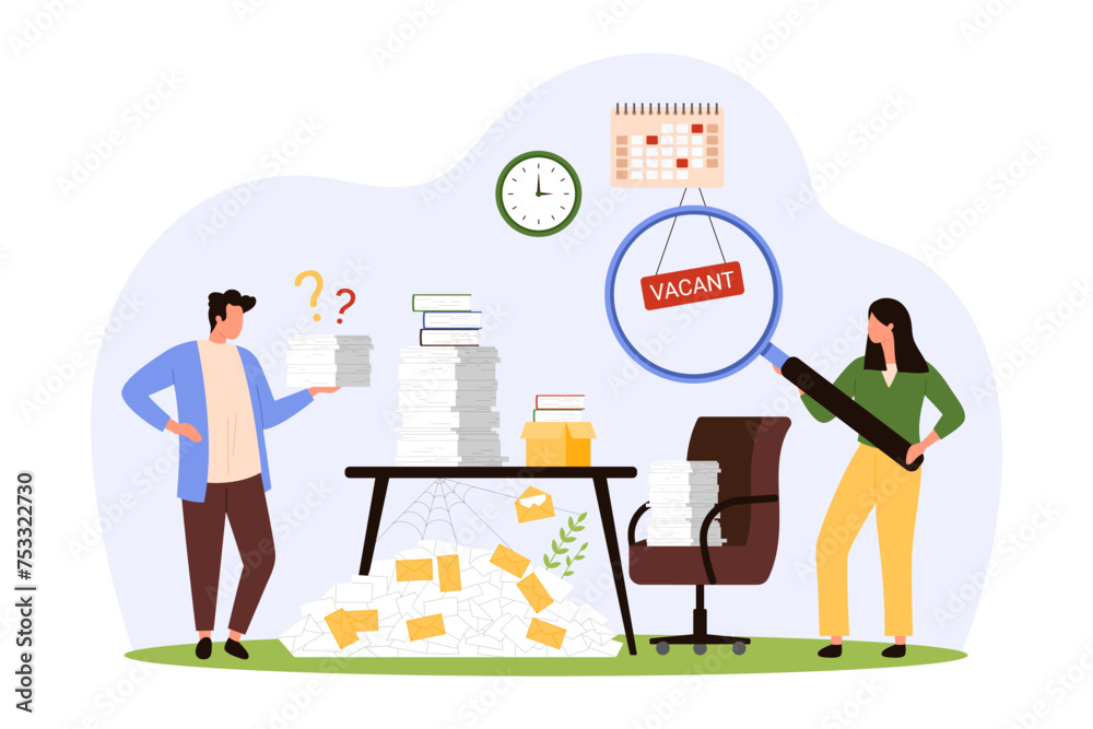 Employees shortage for office job. Tiny people with magnifying glass search talent candidate for work with unorganized official paper documents and messy pile on table cartoon vector illustration