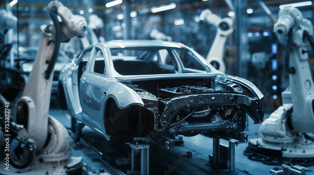 Robots working in an assembly line to manufacture a car efficiently and precisely. Robots working in an assembly line to manufacture a car efficiently and precisely.