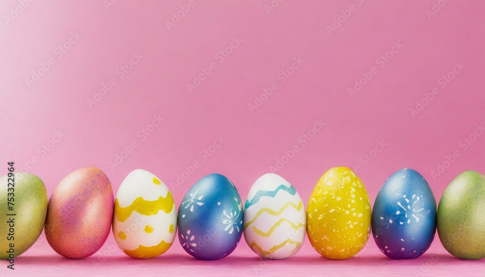 Colorful Easter Egg bottom border over a pink banner background. Copy space.