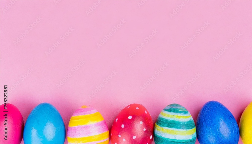 Fototapeta premium Colorful Easter Egg bottom border over a pink banner background. Copy space. 