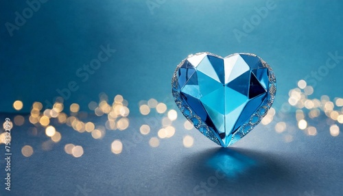 Blue heart or love-shaped diamond with happy valentine day concept on blue copy space background photo