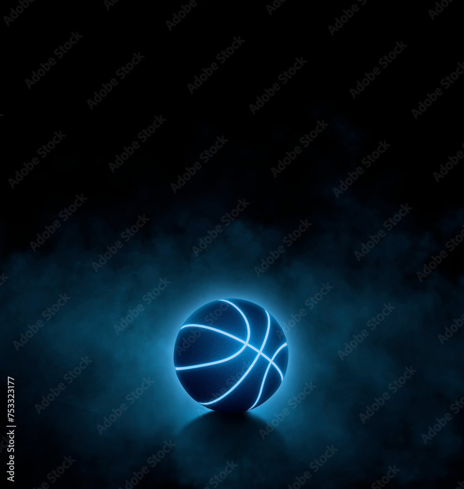 black basketball with bright blue glowing neon lines on black background with smoke