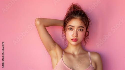 A young Asian woman posing for a picture in a pink tank top, displaying confidence and style.