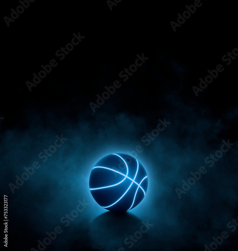 black basketball with bright blue glowing neon lines on black background with smoke © Retouch man