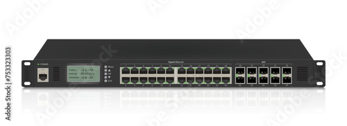 Professional network industrial gigabit switch isolated on white background with SFP ports, poe port, RJ45 Modular plugs for solid Cat5, Cat5e, CAT6 Ethernet Cable connecters.  Vector illustration.