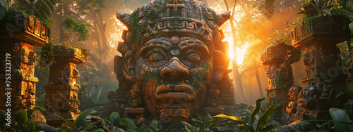 With the dawn breaking in the jungle, the ancient Mayan stone masks come to light, evoking a sense of awe and reverence. photo