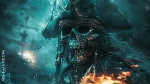 Ghostly Pirate Skull in Rain with Flaming Ship Background