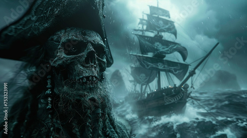 Spectral Pirate Skull Against Stormy Sea and Ship