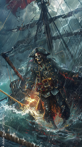 Amidst the stormy ocean scene, the undead pirate captain appears, casting an eerie silhouette against the raging waves.