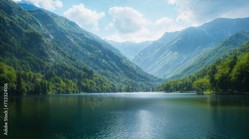 A beautiful lake surrounded by lush mountains.