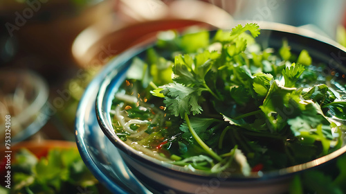 the vibrant green hues of cilantro leaves garnishing a flavorful bowl of chicken pho