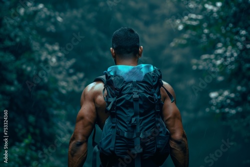Individual with backpack trekking through a forest trail © InfiniteStudio
