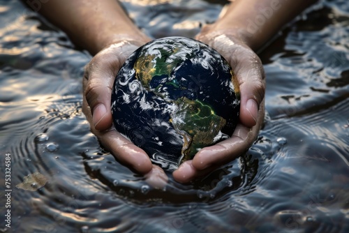 Earth globe in hands with water droplets, environmental concept.